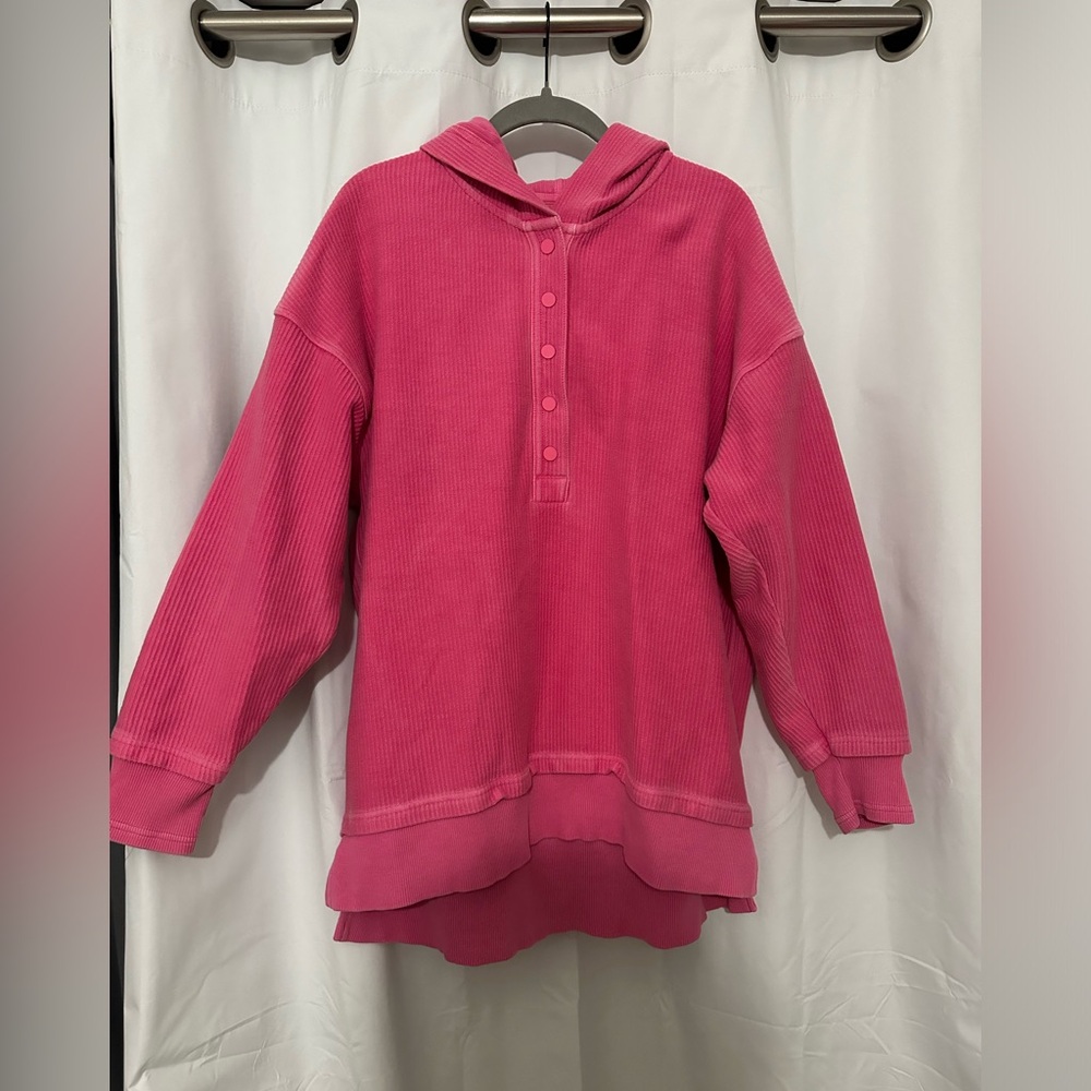aerie small pink quarter button up sweatshirt with hood